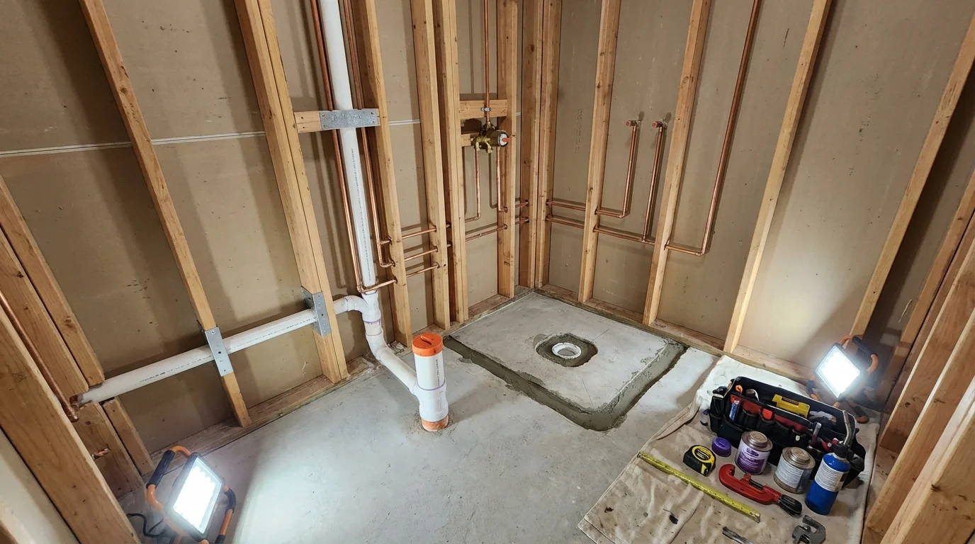 Bathroom rough-in plumbing during remodel by Johns Plumbing LLC in White Marsh