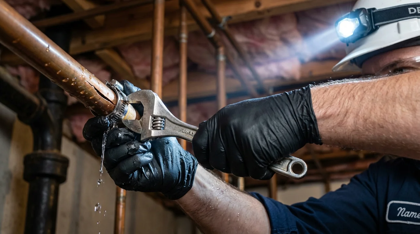 Emergency pipe clamp repair being performed by a Johns Plumbing LLC plumber in White Marsh