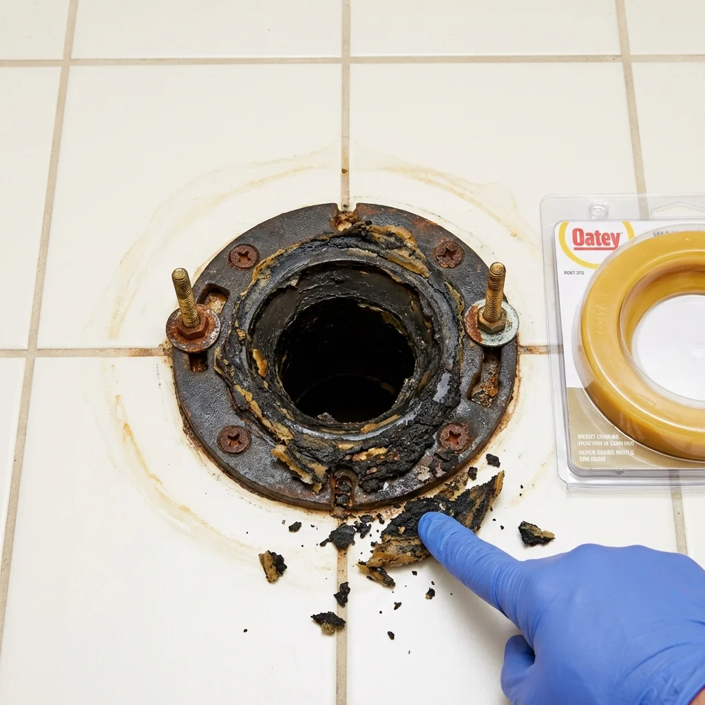 Failed wax ring showing water seepage at the base of a toilet in a White Marsh, MD home