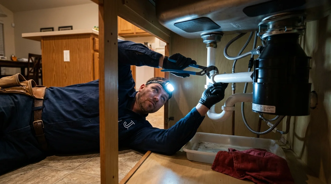 P-trap and supply line connections under a kitchen sink showing a common leak point in White Marsh, MD